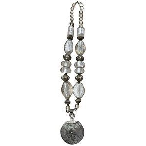 Vintage Hippy Silver Glass Beaded Statement Pendant Necklace - Silver